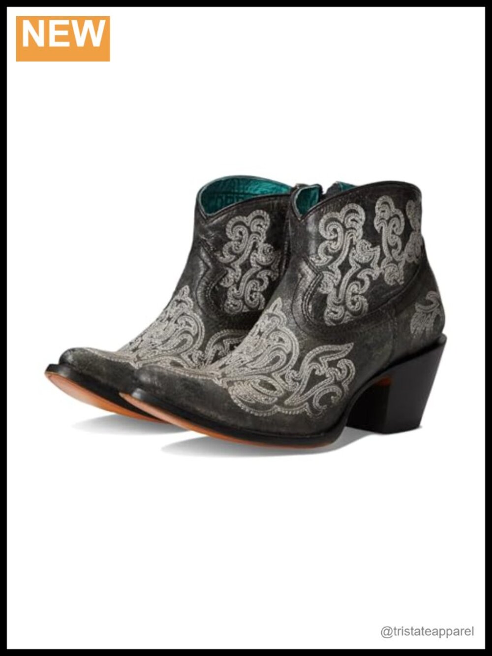 Women's Leather Ankle Bootie with Pointed Toe, Cuban Heel, Embroidery, Zip